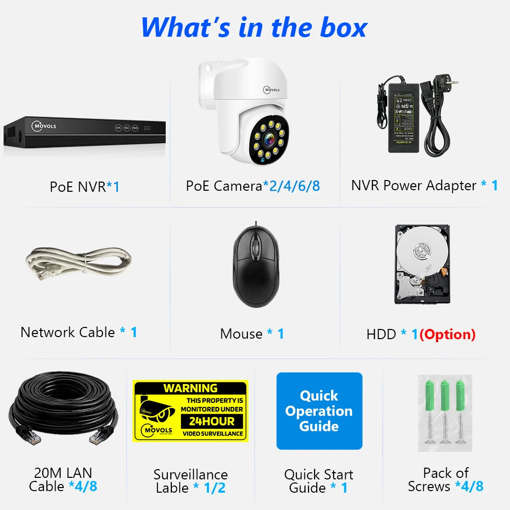Movols 4K XMEYE POE Surveillance System 8MP 4MP Two Way Audio PTZ CCTV POE AI Security Camera 8CH P2P NVR Video Surveillance Kit