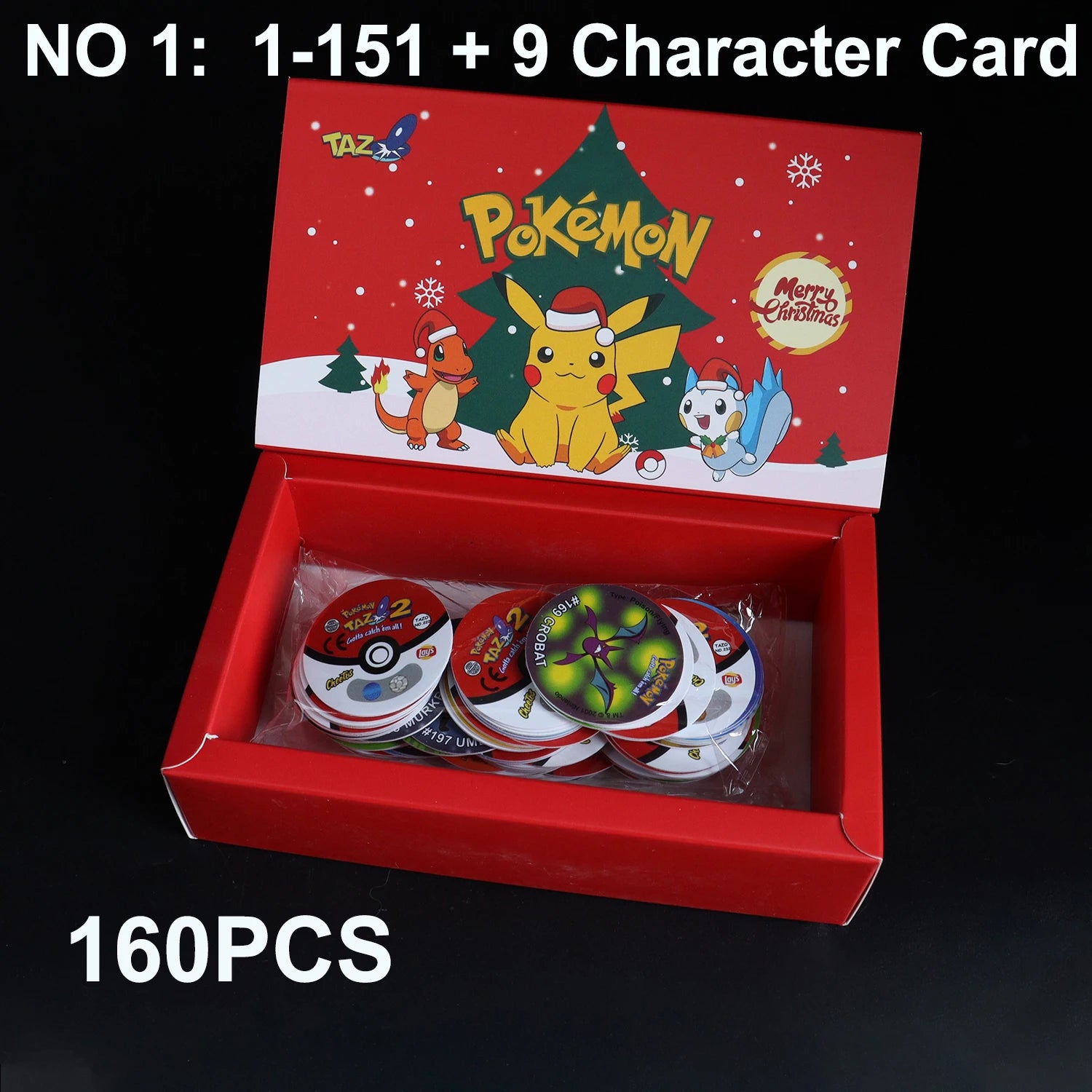 100/160pcs Pokemon Tazos 1/ 2 Generation Strokes Box 3D Round Square Collection Cards Album Trainer Pogs Cheetos Chipitaps
