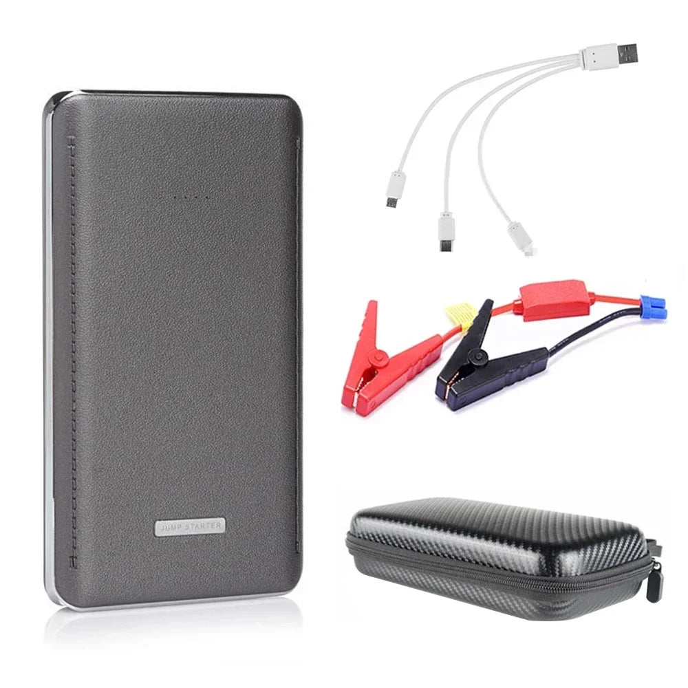 12V Mini Leather Car Jump Starter Booster Portable Car Power Bank 10000mAh Multifunctional Engine Battery Emergency Start