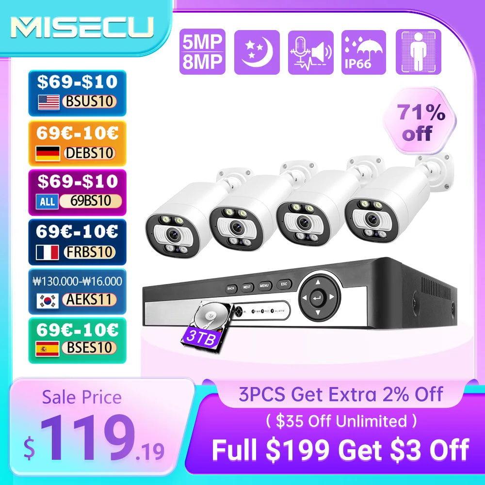 MISECU H.265 8CH 4K 5MP POE Camera Security System Outdoor 8MP Human Detect CCTV Surveillance Protection Color Night Vision P2P